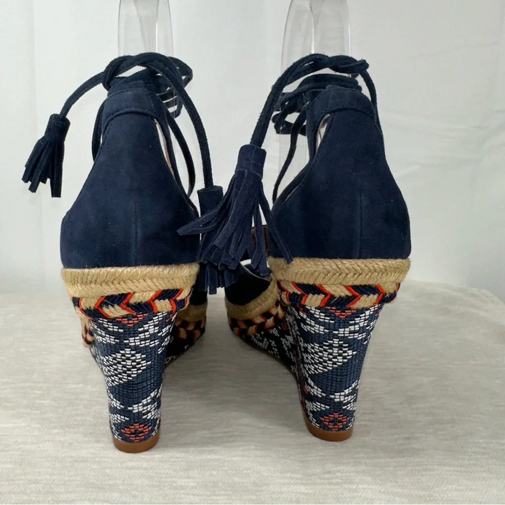 Cabi 6001 Women's US 6 Medium Navy Isla Wedge Ikat Suede Ankle Tie Sandals